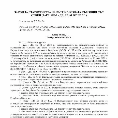 Document preview: Закон за статистиката на вътресъюзната търговия със стоки — Административни процедури (CERFA n°ЗСВТС_02.08.2022)