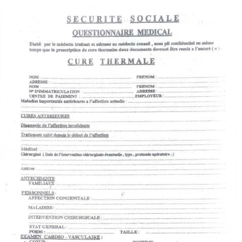 Aperçu du document Comprendre le Questionnaire Médical de la CNAS pour Cures Thermales — Santé (CERFA n°–)