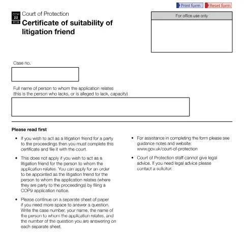Document preview: COP22 Certificate of Suitability: Becoming a Litigation Friend — Legal & justice