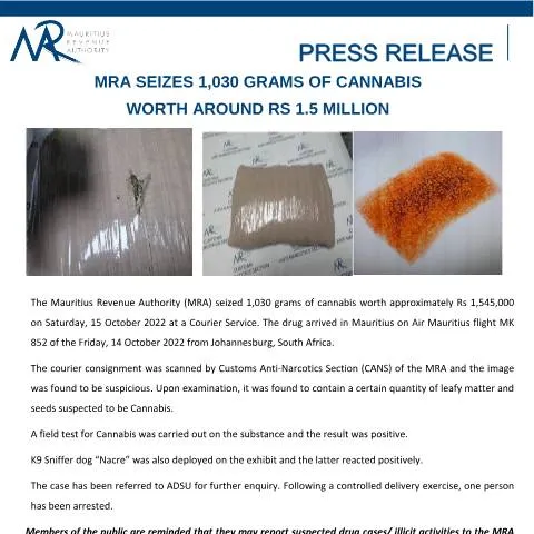 Document preview: MRA's Significant Cannabis Seizure on October 15, 2022 — Government & admin (PressReleaseSeizure261022)