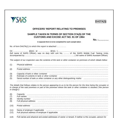 Document preview: The Role of DA 37A3 in South African Customs Inspections — Government & admin (CERFA n°DA 37A3)