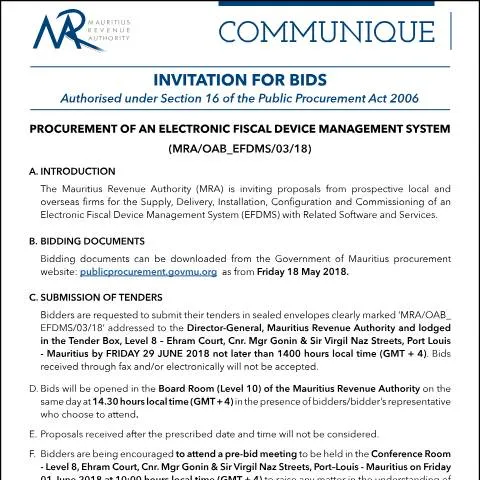 Document preview: Comprehensive Guide to MRA's EFD Management System Bids — Government & admin (BidsInvitation180518)
