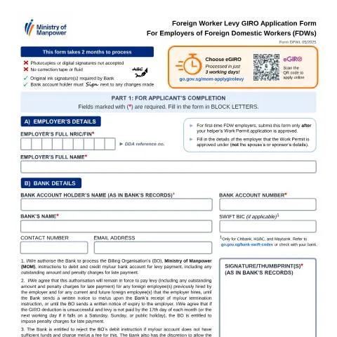 Document preview: Streamline Your FDW Levy Payments with Interbank GIRO — Immigration & visas (CERFA n°GIRO_APPLN_FORM_FOR_FDW)