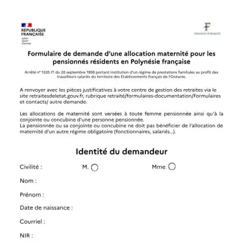 Aperçu du document Formulaire de demande d’allocation maternité pour résidentes en — Aides & prestations sociales (Cerfa 16257*01)