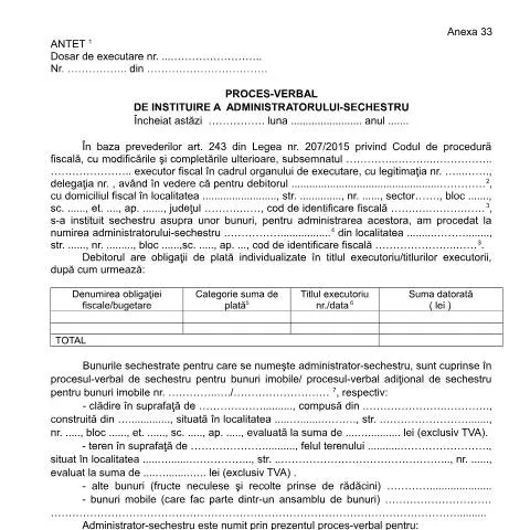 Document preview: Importanța Procesului-verbal de Administrator-Sechestru în Executarea — Formalități administrative (CERFA n°A33_OPANAF_63_2017)