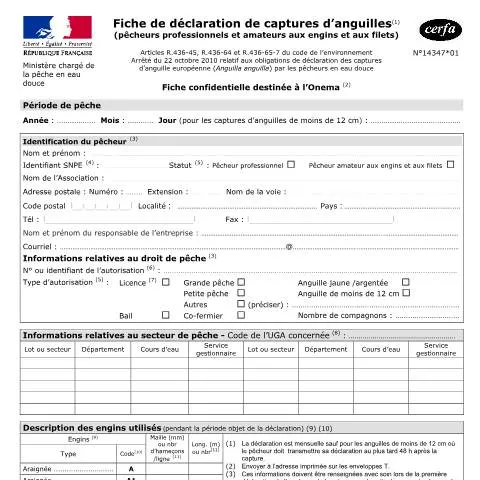 Aperçu du document Déclaration obligatoire des captures d'anguilles européennes — Démarches administratives (CERFA n°14347*01)