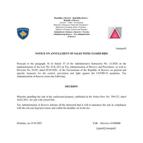 Document preview: Shitja e Pronave të Konfiskuara nëpërmjet Ofertave të Mbyllura — Procedura administrative