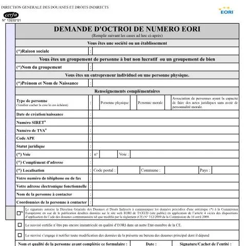 Aperçu du document Formulaire 13930*01 : Comment demander votre numéro EORI en France — Démarches administratives (CERFA n°13930*01)