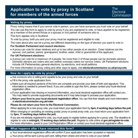Document preview: Guide to Proxy Voting for Armed Forces Members in Scotland — Government & admin (PR-F-S)