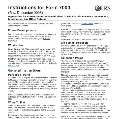 Document preview: Mastering IRS Instructions i7004 for Business Extensions — Taxes (CERFA n°INST-7004)