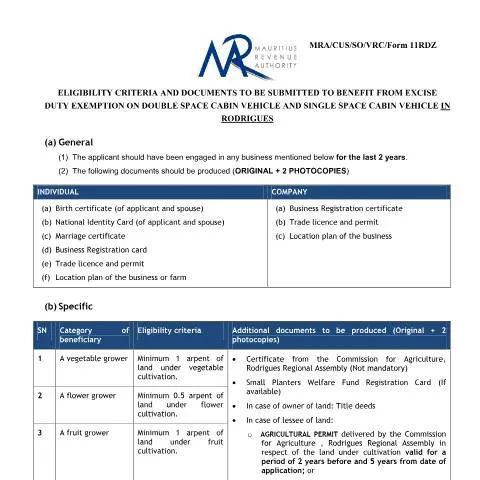 Document preview: Guide to Excise Duty Exemption for Vehicle Purchases in Rodrigues — Government & admin (RDZForm11270715)
