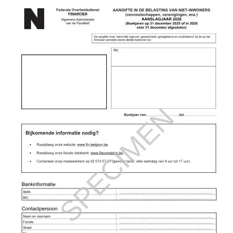 Aperçu du document Comprendre le formulaire 121-aangifte-bni-ven-2026 — Impôts & fiscalité (CERFA n°121-aangifte-bni-ven-2026)