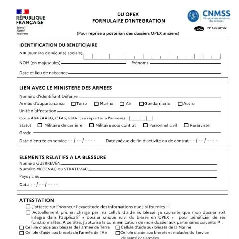 Aperçu du document Formulaire DU OPEX 15058*02 : rattrapage administratif OPEX — Démarches administratives (CERFA n°15058*02)