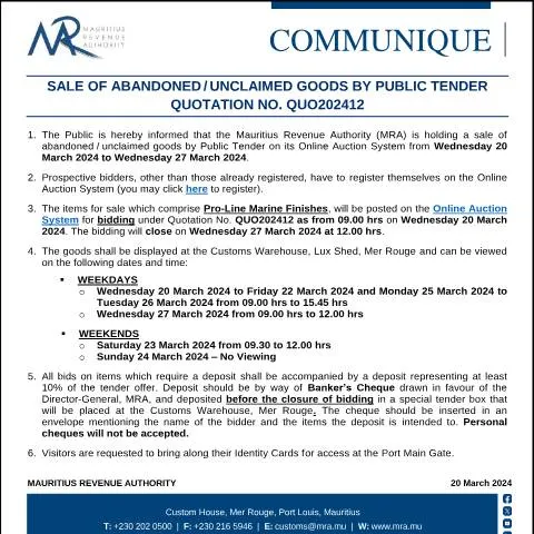 Document preview: Mauritius Public Tender for Sale of Abandoned and Unclaimed Goods — Government & admin (CommuniqueQuo202412)