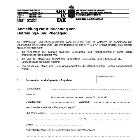 Dokumentvorschau: Wichtige Schritte zur Anmeldung für Pflegegeld in Liechtenstein — Gesundheit (CERFA n°AHV-IV-FAK-FORM-8-01--Anmeldung_Ausrichtung_PG)