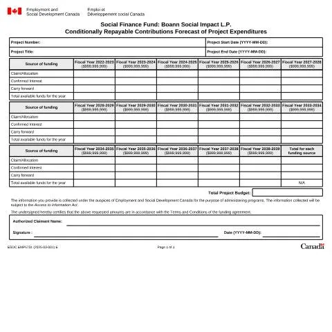 Document preview: Projected Financial Plan for Boann Social Impact L.P. under Social — Work & employment (CERFA n°EMP5731)
