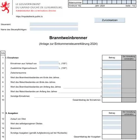 Aperçu du document Guide pratique sur le formulaire 142 : Branntweinbrenner — Impôts & fiscalité (CERFA n°142)