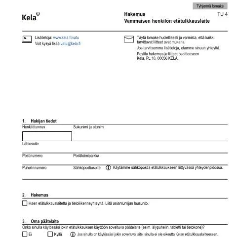 Document preview: Vammaisen henkilön etätulkkauslaitteen hakeminen — Tuet & sosiaalietuudet (CERFA n°Kela TU 4)