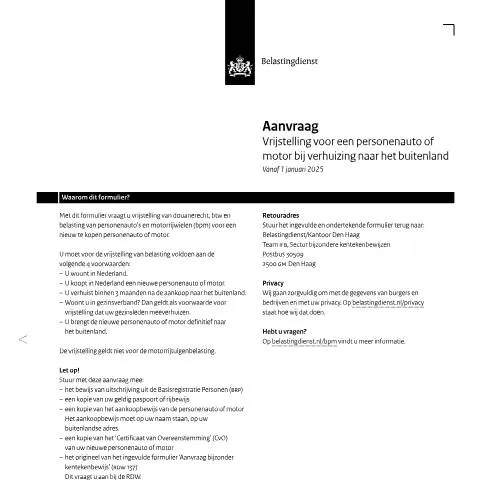 Documentvoorvertoning: Aanvraag belastingvrijstelling personenauto of motor bij verhuizing — Belastingen (CERFA n°bpm0541z4fol)