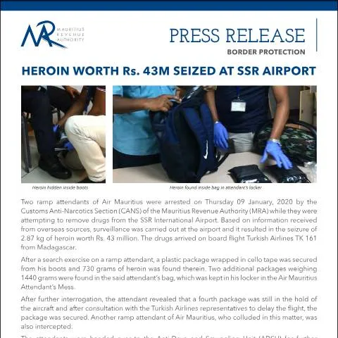 Document preview: Significant Drug Seizure Highlights Mauritius' Ongoing Battle — Government & admin (PressRelease100119)