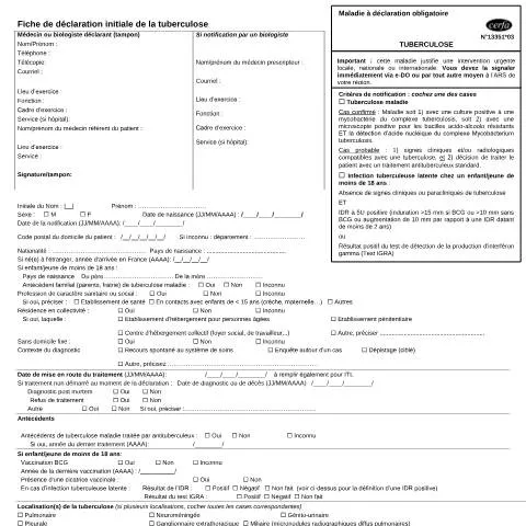 Aperçu du document Déclaration obligatoire de tuberculose : procédure et enjeux — Santé (CERFA n°13351*03)