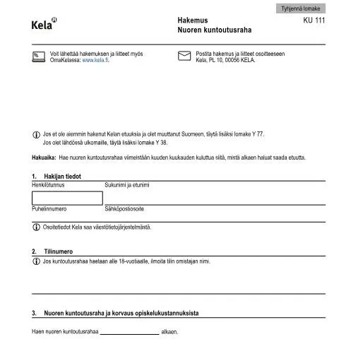 Document preview: Nuoren kuntoutusraha ja sen hakeminen — Terveys (CERFA n°Kela KU 111)