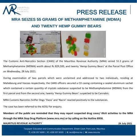 Document preview: MRA's Significant Drug Seizure: MDMA and Hemp Gummies — Government & admin (PressRelease290721)