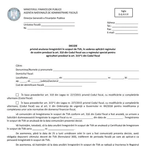 Document preview: Anularea înregistrării în scopuri de TVA conform OPANAF 3698/2016 — Impozite & fiscalitate (CERFA n°A5_A2_OPANAF_3698_2016)