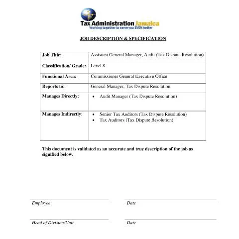 Document preview: Understanding the Role of Assistant General Manager Audit in Jamaica — Work & employment (CERFA n°Assistant+General+Manager+-+Audit+(Tax+Dispute+Resolution))