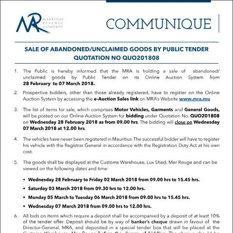 Document preview: Understanding the Sale of Unclaimed Goods in Mauritius — Government & admin (CERFA n°CommuniqueQ08of2018)