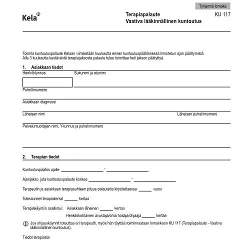 Document preview: Vaativa lääkinnällinen kuntoutus ja terapiapalaute — Terveys (CERFA n°Kela KU 117)