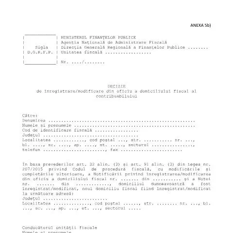 Document preview: Înregistrarea/modificarea domiciliului fiscal al contribuabilului — Impozite & fiscalitate (CERFA n°A5b_3845_2015)