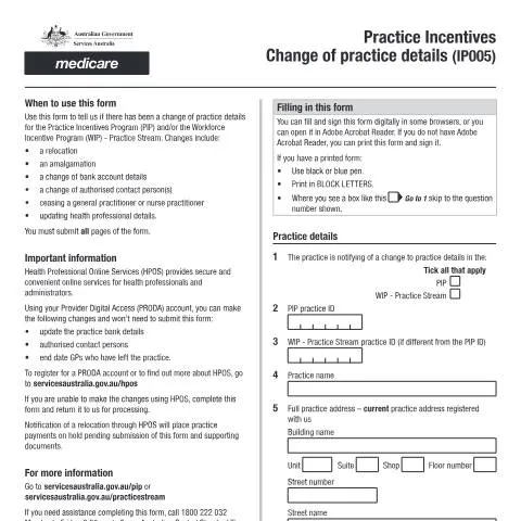 Document preview: Essential Guide to the Practice Incentives Change Form IP005 — Health (CERFA n°IP005)