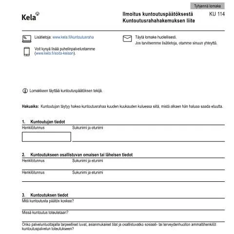 Document preview: Kuntoutuspäätöksen merkitys ja rooli — Terveys (CERFA n°Kela KU 114)