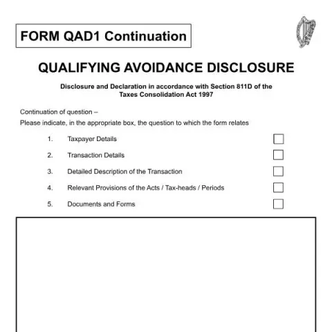 Document preview: Guide to the QAD1 Continuation Form from Revenue Commissioners — Taxes (QAD1 continuation)