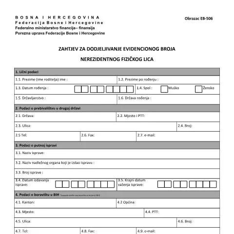 Document preview: Ključni koraci za zahtjev EB-506 u Bosni i Hercegovini — Porezi i fiskalnost (CERFA n°EB-506)