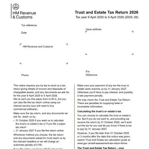 Document preview: UK SA900 Trust and Estate Tax Return: Complete Filing Guide — Taxes