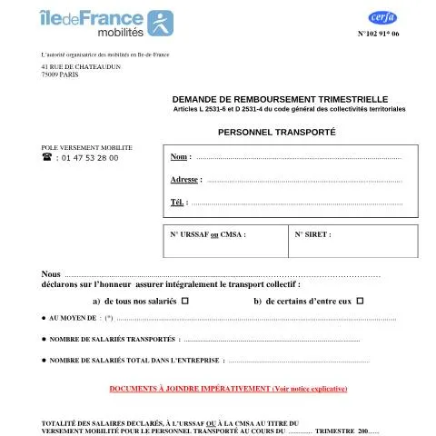 Aperçu du document Remboursement trimestriel du versement transport pour les entreprises — Démarches administratives (CERFA n°10291*06)