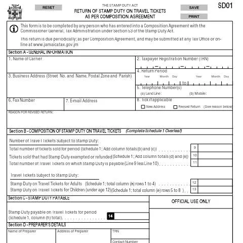 Document preview: Understanding Jamaica's SD01 Stamp Duty Return Form for Travel Tickets — Government & admin (CERFA n°sd01_10102016)