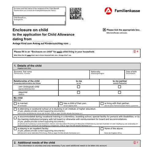 Dokumentvorschau: Bedeutung der Anlage Kind im Kinderzuschlag-Antrag — Familie (CERFA n°anlage-kind-zum-antrag-auf-kinderzuschlag-kiz-1-ank-englisch_ba047453)