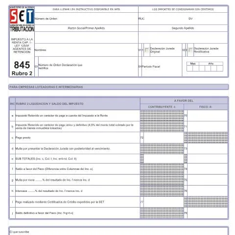 Vista previa del documento Declaración Jurada Formulario 845 Rubro 2 Paraguay — Impuestos (CERFA n°F845)