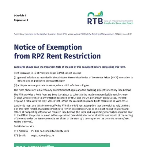 Document preview: Notice of Exemption from Rent Pressure Zone Rent Restriction — Housing