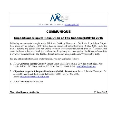 Document preview: Mauritius EDRT 2015: Fast Tax Dispute Resolution — Taxes (CERFA n°edrt190615)