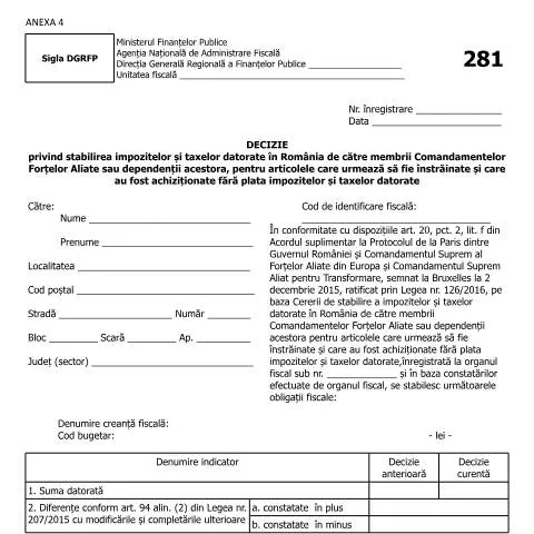 Document preview: Reglementarea fiscală pentru Forțele Aliate în România — Impozite & fiscalitate (CERFA n°281_OPANAF_2883_2017)