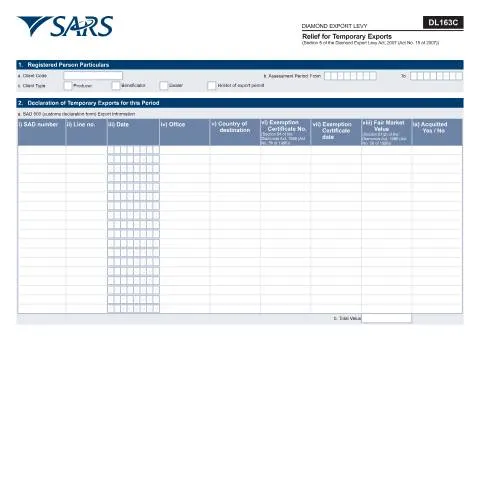 Document preview: Understanding the DL 163C Form for Temporary Diamond Exports — Taxes (CERFA n°DL 163C)