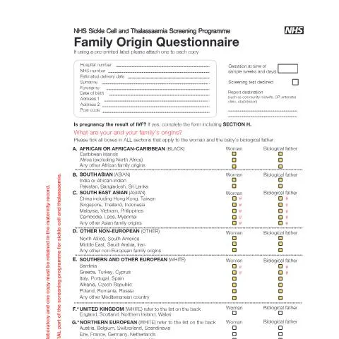 Document preview: Genetic Heritage Mapping: NHS Antenatal Screening Questionnaire — Health