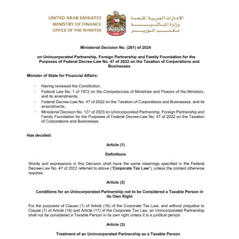 Document preview: UAE Taxation Guidelines for Unincorporated and Family Entities 2024 — Taxes (CERFA n°Ministerial Decision No (261) of 2024)