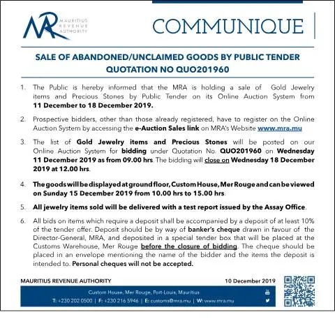 Document preview: Mauritius Public Tender for Sale of Unclaimed Goods — Government & admin (Communique60of2019)