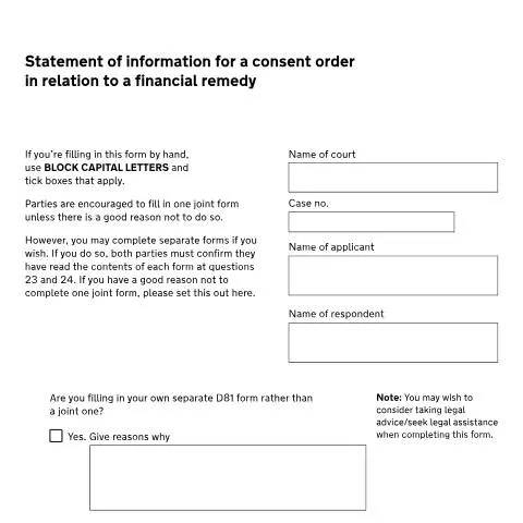 Document preview: How to Complete Form D81 for UK Financial Consent Orders — Government & admin
