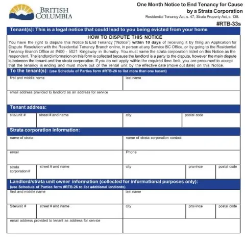 Document preview: Understanding the One Month Notice to End Tenancy for Cause — Housing (RTB-33s)